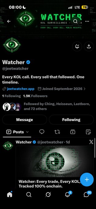 A screenshot of the X (Twitter) profile for "Watcher" (@jeetwatcher) showing the bio "Every KOL call. Every sell that followed. One timeline." with 1.9K followers.