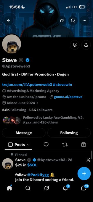 A Twitter/X profile page for a verified user named 'Steve' (@Apsteveweb3), featuring a hooded character avatar, with a pinned post offering '$25 in $SOL' for following another account and tagging a friend.