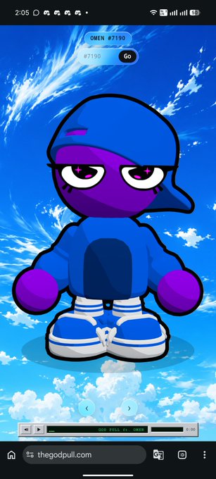 A mobile screenshot of thegodpull.com featuring a cartoon character in a blue hoodie and boxing gloves against a blue sky background, with an audio player at the bottom.