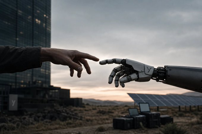 A human hand and a robotic hand reach toward each other against a backdrop of a modern building, solar panels, and equipment in a desert landscape.