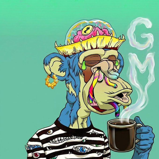 The image features a cartoon monkey wearing a hat with a brain, holding a cup of coffee while standing against a green background. The caption above the image reads "GM to absolutely everyone on this Thursday, even when the market is red remember @useTria is quietly building the self custodial neobank that will power the next bull run keeping full control of your key". This post seems to be promoting a new cryptocurrency or financial system and is related to the monkey's hat with a brain.