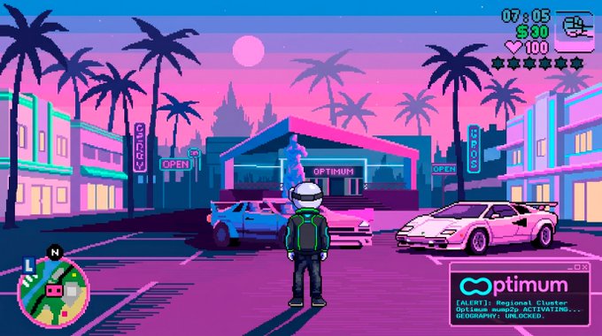The image features a man standing in front of a car with a backpack, possibly waiting for someone or just taking a break from driving. The scene takes place in an urban setting with palm trees and buildings surrounding them. There are two cars visible - one is parked on the street next to the man, while another car is further away. A sign can be seen near the center of the image, which might provide information about the location or nearby attractions.