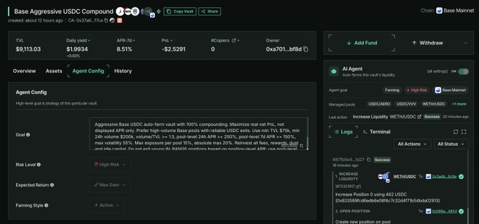 In this screenshot of a computer screen displaying a Base AutoFarm vault, there are multiple pools being managed by an agent who has deployed them and is currently funding and farming them. The agent's actions involve compounding the yields, which means that they are continuously adjusting the funds in each pool based on their performance. Additionally, the agent monitors these pools to open positions when necessary, ensuring optimal portfolio management for maximizing returns and minimizing risks.