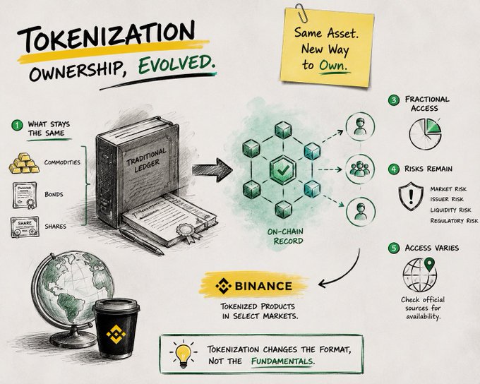 A sketch-style infographic titled "Tokenization: Ownership, Evolved" illustrates how assets like commodities, bonds, and shares shift from a traditional ledger to an on-chain record, noting that "Tokenization changes the format, not the fundamentals" while highlighting fractional access, persistent risks (market, issuer, liquidity, regulatory), and that availability varies by market through Binance's tokenized products.