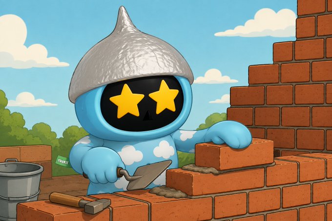 A cartoon blue cloud-covered character with starry eyes wears a silver construction hat and lays bricks on a wall, accompanied by a bucket, trowel, and hammer. The image visually echoes the post's message about persistent building in the NFT space, symbolizing dedicated craftsmanship and resilience beyond trends. A small label reading "TOKRI" is visible on the character's side.