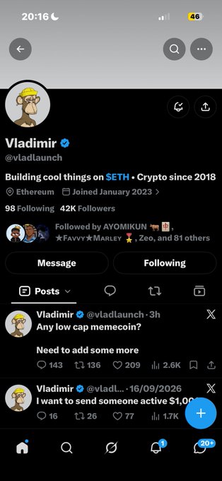 A Twitter/X profile screenshot of 'Vladimir @vladlaunch' showing posts about memecoins including 'Any low cap memecoin?' and 'I want to send someone active $1,000'.