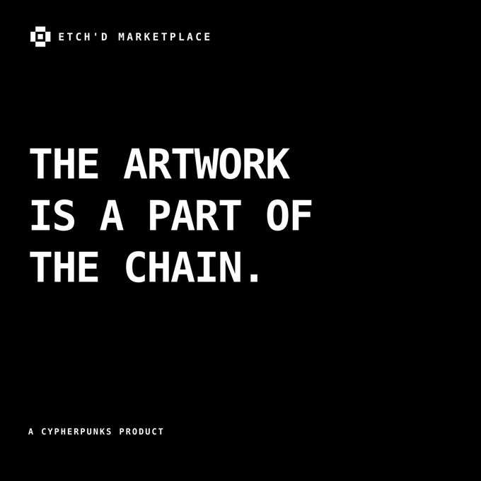 A black graphic displays 'ETCH'D MARKETPLACE' at the top, with bold white text reading 'THE ARTWORK IS A PART OF THE CHAIN.' and 'A CYPHERPUNKS PRODUCT' at the bottom.