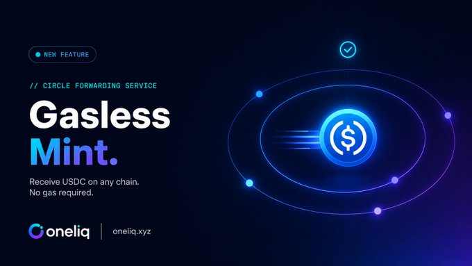 The image is a promotional graphic for Oneliq Balance, showcasing their new coin called "Gasless Mint". It features an illustrated representation of a USDC chain with a blue circular economy-themed graphic at its center. The text on the graphic indicates that users can now receive USDC in exchange for a gasless mint by integrating Circle's Forwarding Service into their cryptocurrency wallets or exchanges, eliminating the need to claim USDC on the destination chain.