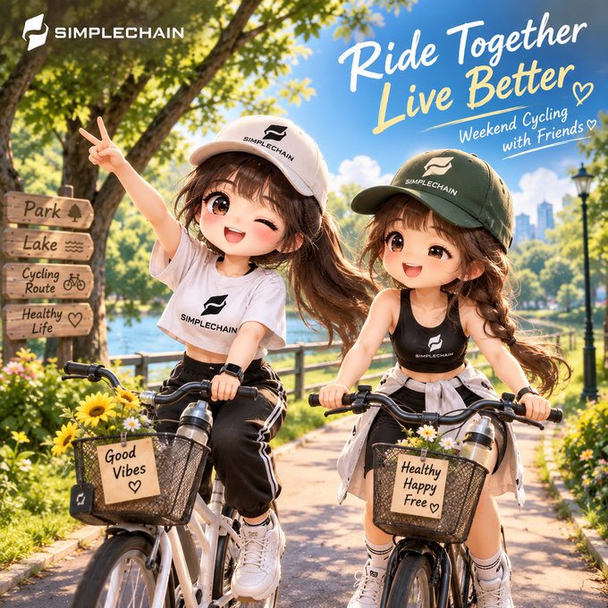 An anime-style illustration promoting 'SIMPLECHAIN' with the tagline 'Ride Together Live Better, Weekend Cycling with Friends', showing two cheerful girls on bicycles wearing SIMPLECHAIN-branded hats and clothing.