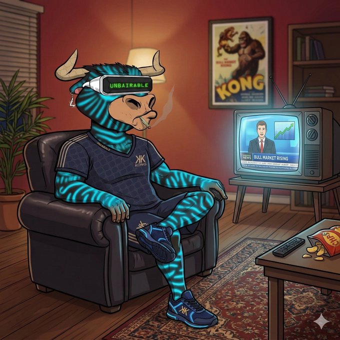 The image features a cartoon character, possibly a bull or a bulldog, sitting comfortably in an armchair with its legs crossed while wearing blue pants and a black shirt. The character appears to be smoking a cigarette as they sit in front of a television screen displaying a news program about the stock market. The post that accompanies this image reads: "Gm to those waiting for the bull market".