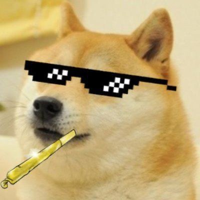A photo of a Shiba Inu dog with pixelated 'deal with it' sunglasses digitally edited onto its face and a cigarette in its mouth.