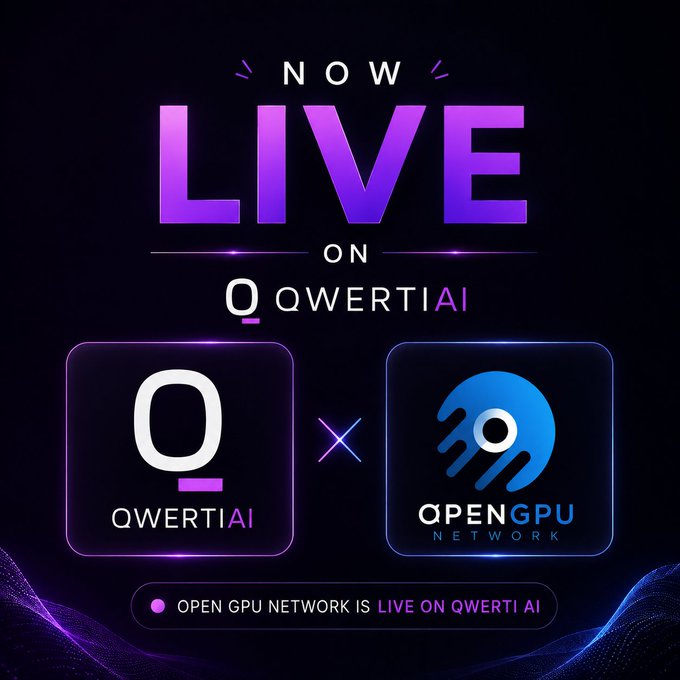 A vibrant purple and black announcement graphic declaring 'NOW LIVE ON QWERTI AI', showcasing a collaboration between QWERTI AI and the OPEN GPU NETWORK.
