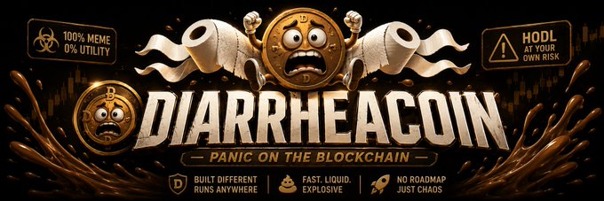 A humorous cryptocurrency promotional graphic for 'DIARRHEACOIN - PANIC ON THE BLOCKCHAIN' featuring toilet paper rolls, gold coin mascots, and slogans like '100% MEME, 0% UTILITY' and 'HODL AT YOUR OWN RISK'.