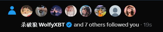 A screenshot of an Instagram notification showing that verified user WolfyXBT and 7 others have followed the account, which aligns with the post celebrating gaining a notable new follower.