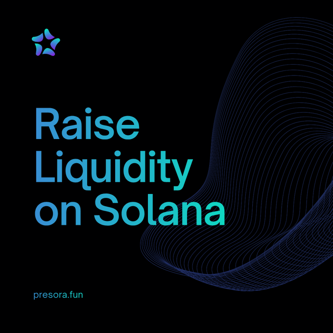 A black promotional graphic reading 'Raise Liquidity on Solana' in blue gradient text with 'presora.fun' at the bottom, featuring the Presora star logo and a flowing line-art design.
