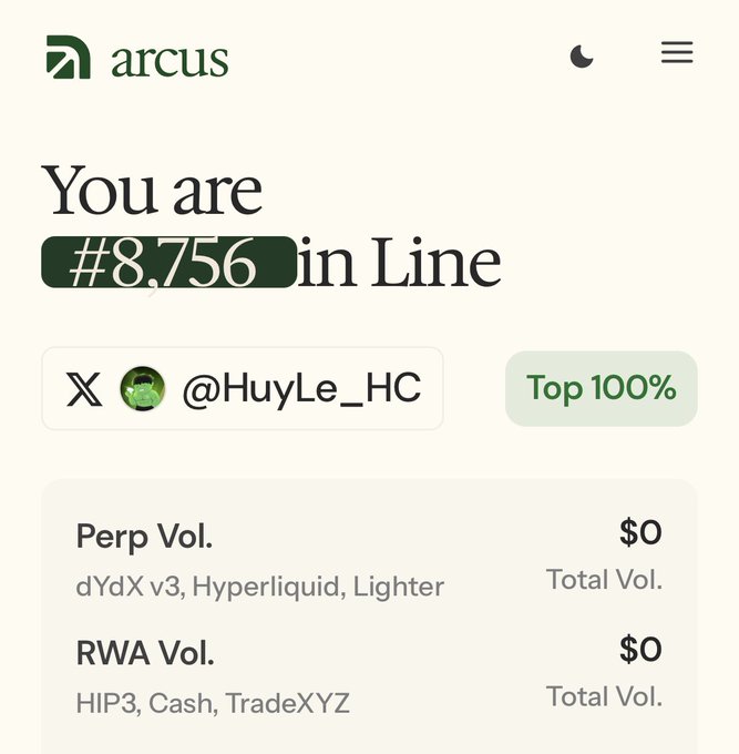 The Arcus dashboard showing 'You are #8,756 in Line' for user @HuyLe_HC, ranked in the Top 100%, with $0 in both Perp Volume and RWA Volume.
