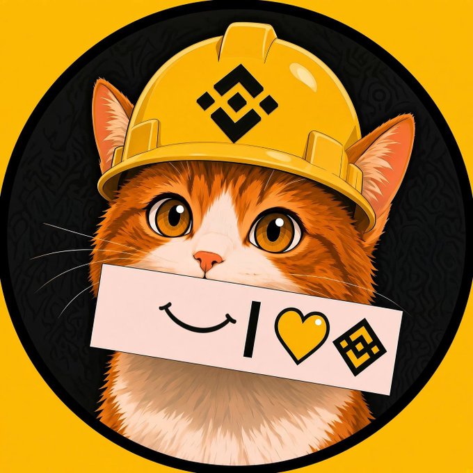 A cartoon illustration of an orange and white cat wearing a yellow construction-style hard hat, holding a sign with a smiley face, 'I', a heart, and a Binance logo.