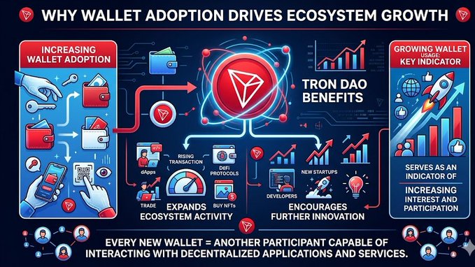 The image displays a flowchart illustrating the process of wallet adoption driving ecosystem growth, specifically in relation to the application called "TRON DAO". The flowchart shows that every new wallet added represents another participant capable of interacting with decentralized applications and services. In the context of TRON DAO benefits, this increased interaction would lead to expanding ecosystem activity and encourage further innovation within the community. As a result, more people can be drawn into the ecosystem, which in turn strengthens its growth potential for applications that utilize such platforms.
