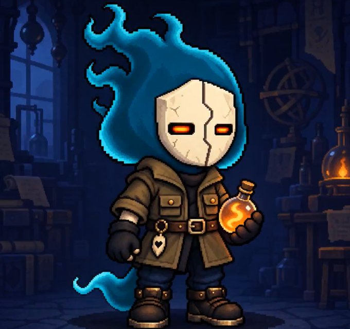 A chibi-style character with glowing orange eyes wearing a cracked mask and a blue flame-like hood holds a glowing orange potion. The character is dressed in a brown jacket and black gloves against a dimly lit alchemist's workshop background.