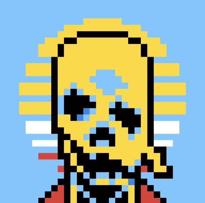 A pixel art portrait depicts a stylized character with a yellow helmet, mismatched black and blue eyes, and a blocky face against a light blue background.
