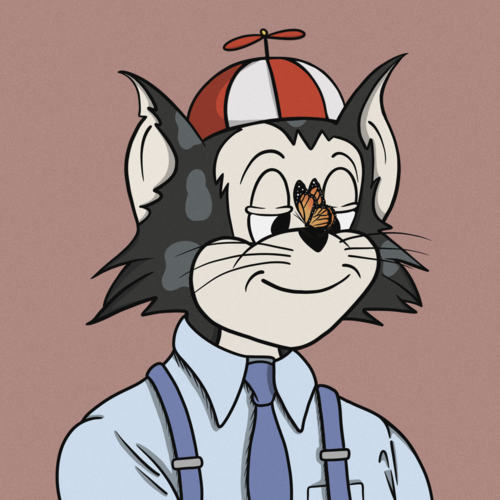 An illustration depicts a cheerful cartoon cat wearing a propeller beanie and a light blue shirt with suspenders and a tie, with a small butterfly resting on its nose.