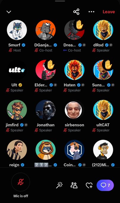 Screenshot of a Twitter Spaces audio chat room titled 'Dgen' showing 16 participants including the host Smurf, co-hosts DGenja..., Drea..., and speakers like Ult, Elder..., Haten, jimfird, and sirbenson.