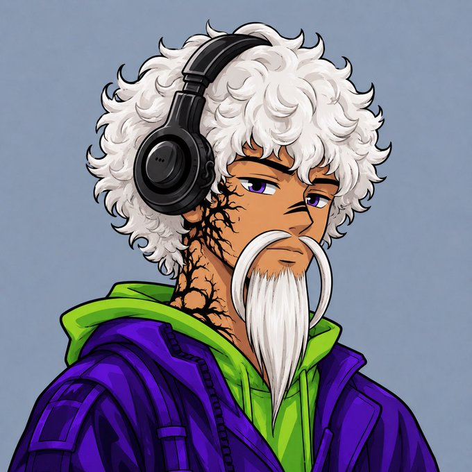 An anime-style illustration of a character with white curly hair, headphones, a long white mustache, facial tattoos, and a purple jacket over a green hoodie.