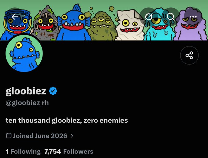 A verified Twitter/X profile for "gloobiez" (@gloobiez_rh) with 7,754 followers displays a banner of cartoon monster characters and a bio reading "ten thousand gloobiez, zero enemies," which the accompanying post references as an NFT project ("gloobiez") that allegedly rugged holders before adding "_rh" to its handle—suggesting a relaunch on Robinhood.