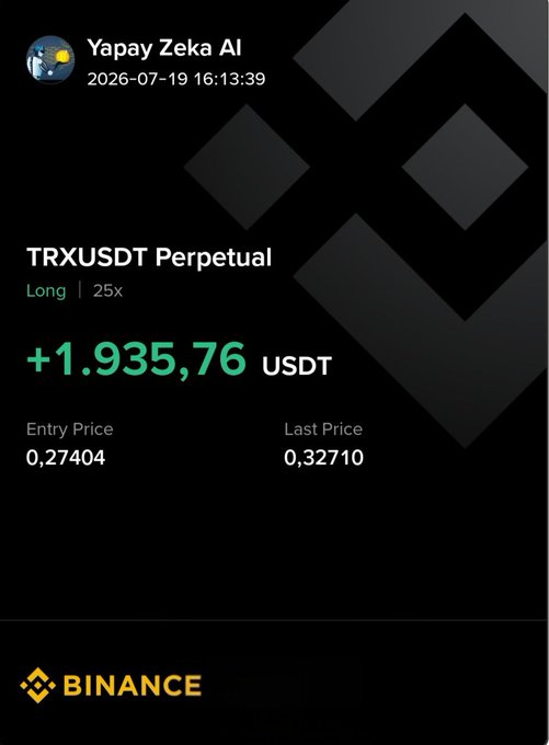 The image shows a Binance trading signal from "Yapay Zeka AI" dated 2026-07-19, displaying a TRXUSDT Perpetual Long position with 25x leverage that yielded a profit of +1,935.76 USDT, with an entry price of 0.27404 and last price of 0.32710. This profit screenshot relates to the post by highlighting the successful TRON (TRX) trade that allowed the author to celebrate watching the World Cup Final, connecting the financial gains from the #TRON trade to the enjoyable match-watching experience.