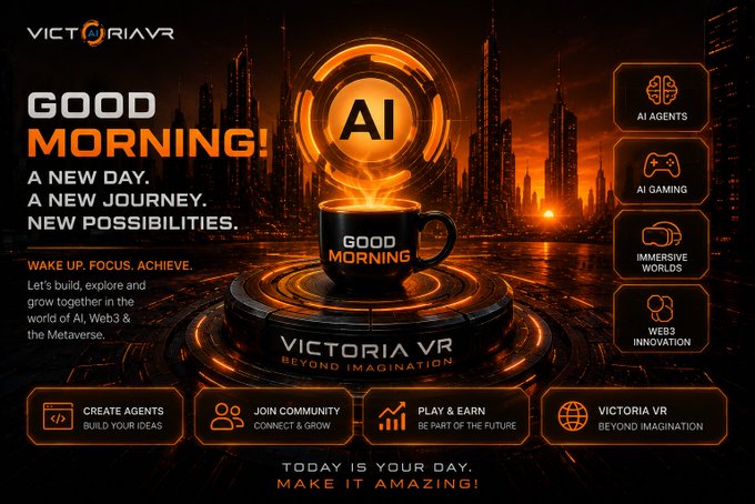 A promotional graphic for Victoria VR featuring a 'Good Morning' message, a coffee mug with 'AI' glowing above it, and icons for AI Agents, AI Gaming, Immersive Worlds, Web3 Innovation, Create Agents, Join Community, and Play & Earn.
