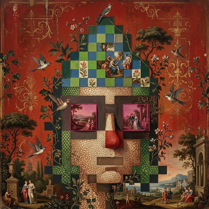 A surreal classical-style artwork featuring a face-like composition made of checkered patterns, with eyes formed by framed paintings, surrounded by birds, trees, and figures on a red background.