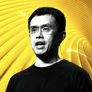 A man with glasses and short dark hair speaks at Bitcoin Asia, set against a vibrant yellow wavy background. The accompanying post attributes the speech to Binance co-founder Changpeng "CZ" Zhao, whose bold prediction that Bitcoin ($BTC) could surpass gold in importance and his insights on AI-crypto integration are reflected in his animated speaking expression.