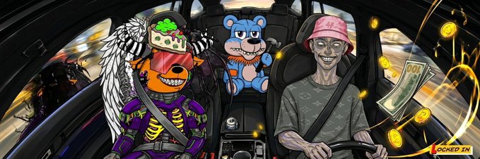 A cartoon-style illustration shows two masked characters in a car at night, with a driver wearing a pink "DORA" bucket hat, sunglasses, and a Gucci-patterned shirt, beside a skeleton-wrapped figure with an angel-wing helmet and a small blue tiger plushie in the backseat, surrounded by floating gold coins and cash, with a "LOCKED IN" tag in the corner. The bold "Locked In" branding and the coins/cash imagery match the post's theme of celebratory overnight gains, while the "GN" (good night) caption pairs naturally with the nighttime driving scene as a sign-off after a profitable move.