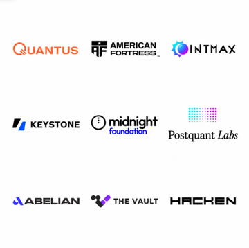The image displays nine company logos arranged in a grid, representing the founding members of the newly formed Quantum Alliance: Quantus, American Fortress, InTmax, Keystone, Midnight Foundation, Postquant Labs, Abelian, The Vault, and Hacken. These crypto groups have officially launched the alliance to address the risk that approximately 6.04 million Bitcoin (about 30% of supply) is "quantum-exposed at rest," establishing shared standards to test and mitigate quantum computing threats.