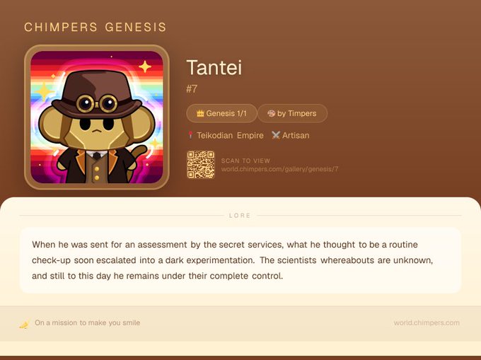 A digital character card titled 'Tantei' from 'CHIMPERS GENESIS' shows a pixel-art monkey character with a magnifying glass and hat, with lore text describing a secret service agent caught in a dark experimentation.