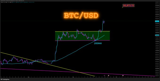 A TradingView chart of BTC/USD is displayed on a dark background, showing Bitcoin's price at $93,973.72 with a highlighted consolidation zone labeled "200MA" and a strong upward price breakout. The chart visually reinforces the post's message of a bullish shift from predominantly red to green candles, encouraging holders to maintain their diamond hands as Bitcoin trends upward.