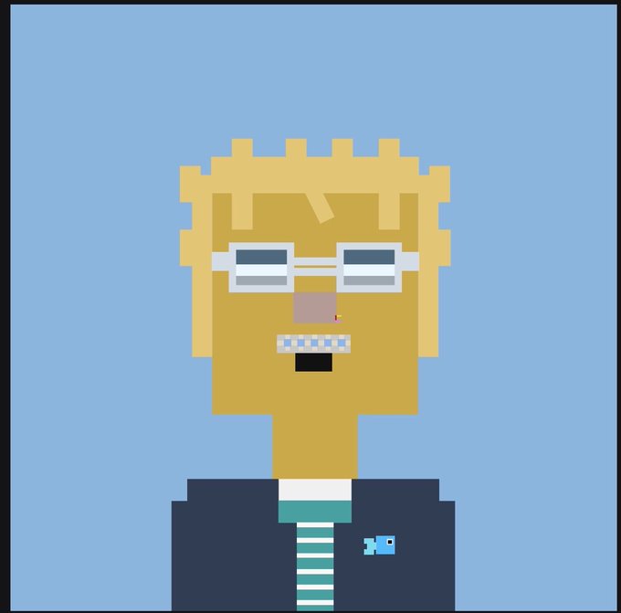 A pixel-art style portrait of a blonde character wearing white shutter-style sunglasses, a dark suit, white shirt, teal striped tie, and a small blue name tag, set against a solid light blue background.