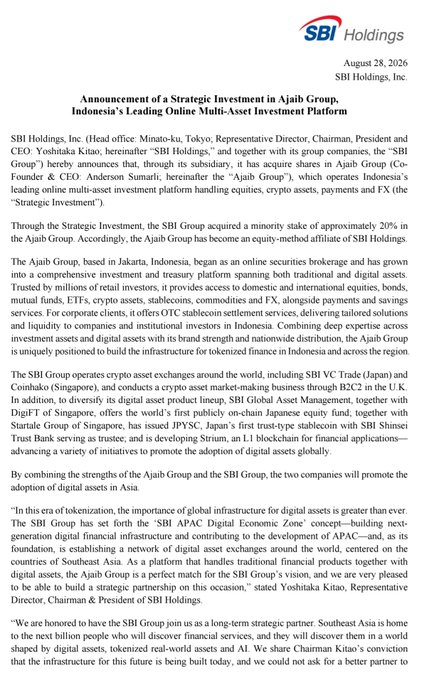 A press release from SBI Holdings dated August 28, 2026, announces its strategic acquisition of approximately 20% in Indonesia's Ajaib Group, the country's leading online multi-asset investment platform covering crypto, equities, ETFs, stablecoins, and FX. The document features the SBI Holdings logo and quotes from executives Yoshitaka Kitao (Representative Director, Chairman) and Anderson Sumarli (Ajaib Co-Founder & CEO), with the accompanying post highlighting the deal's significance for XRP holders given SBI's existing Ripple ties and Southeast Asian expansion.