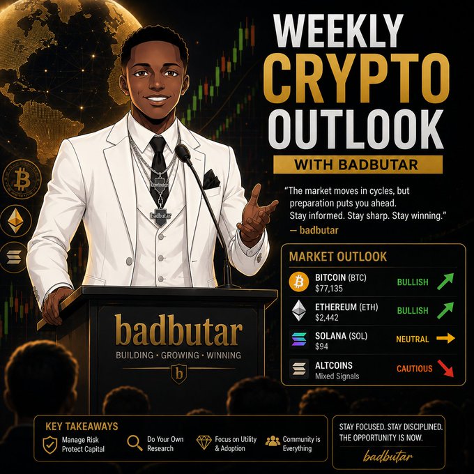 A 'Weekly Crypto Outlook' graphic featuring an illustrated presenter named 'badbutar' at a podium, with market data showing BTC bullish at $7,135, ETH bullish at $2,442, SOL neutral at $94, and Altcoins cautious.