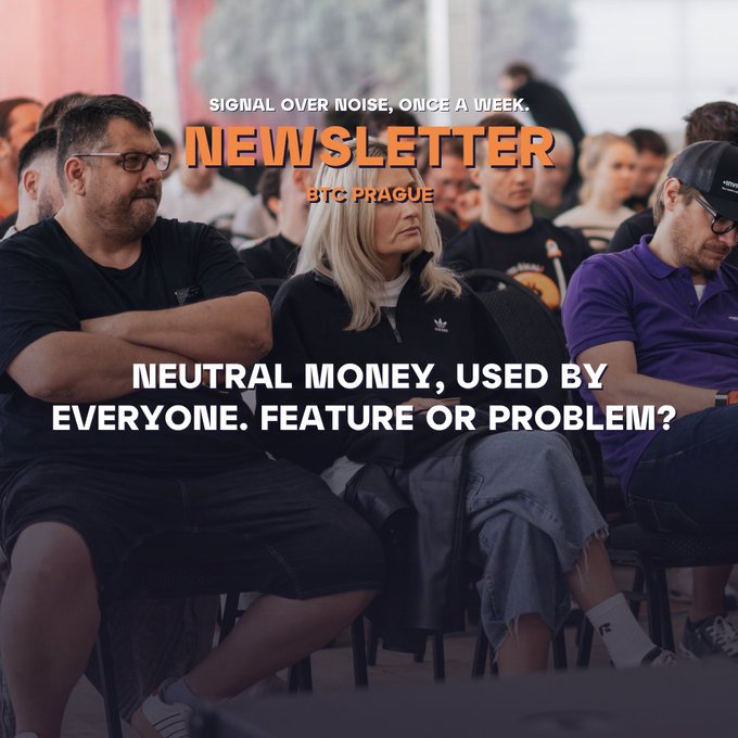Three audience members sit attentively at a conference, overlaid with text reading 'NEWSLETTER BYC PRAGUE' and the headline 'NEUTRAL MONEY, USED BY EVERYONE. FEATURE OR PROBLEM?'