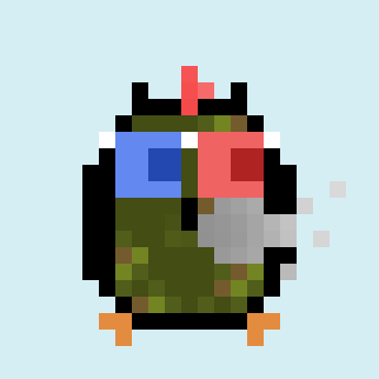 A pixel art character resembling a green and gray penguin or bird wearing a colorful helmet stands against a light blue background.