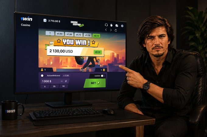 A man in a black shirt points at a computer monitor displaying the "1win Casino" interface with a "Crime Empire" themed game showing "YOU WIN! 2 130,00 USD," alongside a branded 1win mug, visually promoting the 1winPro gaming campaign and its 100 USDT giveaway with a GTA-style crime atmosphere.