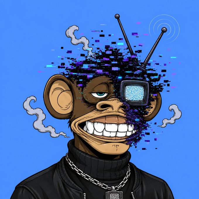 A digital illustration of a Bored Ape-style NFT character with glitching pixelated hair, a static TV head, and silver chains against a blue background.