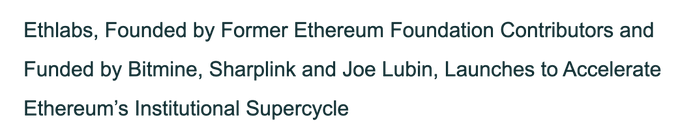 The image shows a white background with black text that reads "Ethereum's Institutional Supercycle". This information suggests that the image might be related to an article or news piece about the launch of an Ethereum-based project, such as an ethical blockchain platform or a new nonprofit organization. The post also mentions the involvement of former Ethereum Foundation researchers and backing from Bitmine, Sharplink, and Joe Lubin, which indicates that this is likely a collaborative effort between these individuals to create something innovative in the world of cryptocurrency and blockchain technology.