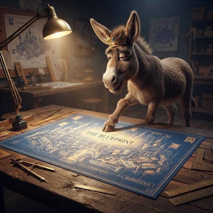 A digital illustration of a donkey wearing a crown, standing in a workshop setting and looking at a large blue blueprint labeled 'THE BLUEPRINT' on a wooden desk illuminated by a lamp.