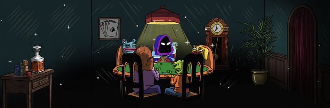 A cartoon illustration of hooded characters gathered around a table playing cards under a lamp in a dark room with a clock and a bottle of liquor.