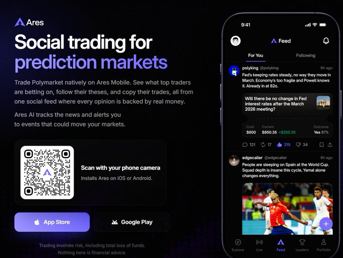 Ares Mobile advertisement promoting 'Social trading for prediction markets,' allowing users to trade Polymarket, follow top traders, and copy trades via a social feed app available on iOS and Android.