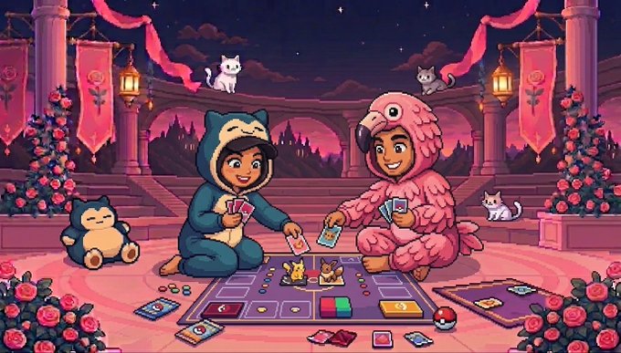 A colorful illustration of two people in cat-themed onesies playing a card game at night, surrounded by cats, roses, and lit lanterns in a fantasy setting.