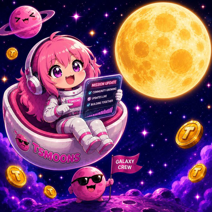A vibrant digital illustration of a pink-haired anime-style girl in an astronaut suit holding a "MISSION UPDATE" sign, surrounded by "TsMoons" branding, floating planets, and coins with the letter "T".