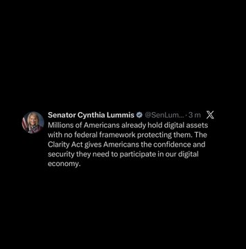 A tweet from Senator Cynthia Lummis (@SenLummis) advocates for the Clarity Act, emphasizing that millions of Americans already hold digital assets without federal protection and need regulatory clarity to safely participate in the digital economy.